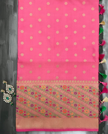 Banarasi Katan Silk Saree with Meenakari border | Pink | Handwoven | Silk Mark | Ships from California